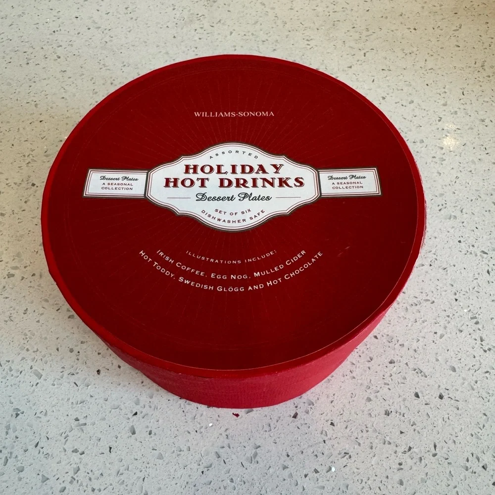 🎄 Williams-Sonoma Holiday “Hot Drinks” Dessert Plates – Set of 6 | EUC 🎄